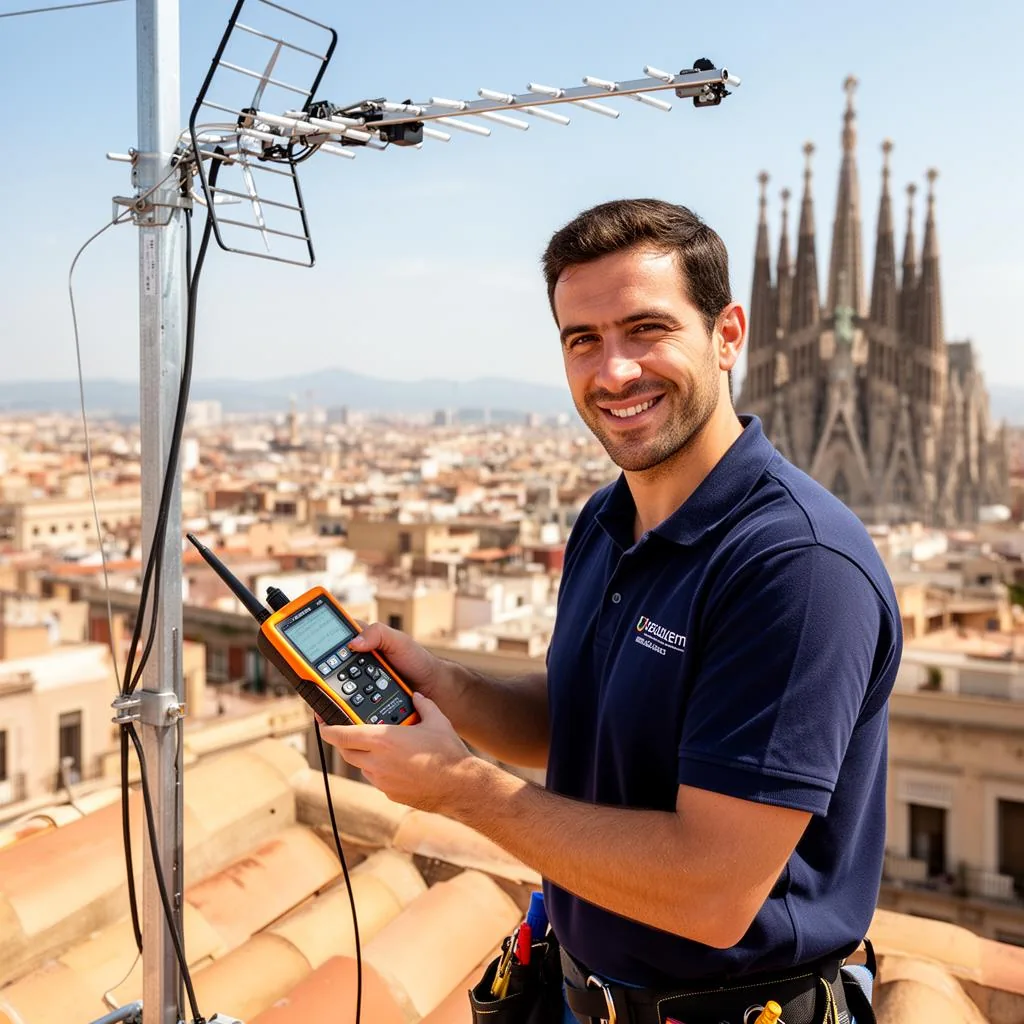 Cámaras de seguridad para comunidades de vecinos en Barcelona: antenista de Técnico Antenas trabajando en una azotea de Barcelona