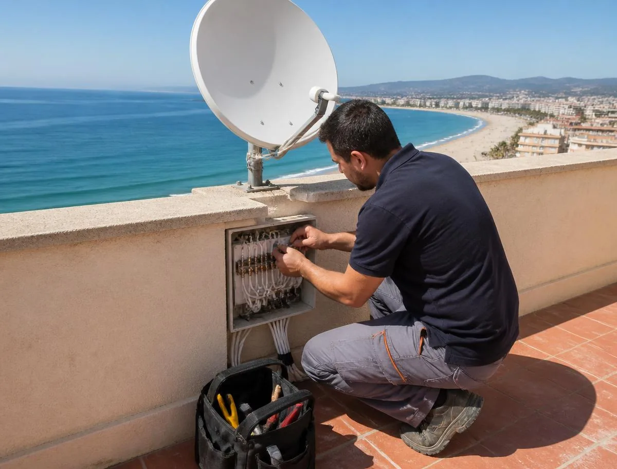 Técnico revisando la caja de distribución coaxial en una terraza frente al mar