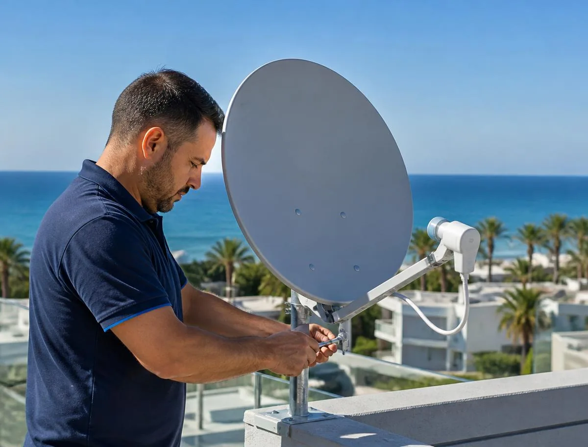 Técnico instalando una antena parabólica en una terraza de una vivienda de la costa del Baix Llobregat