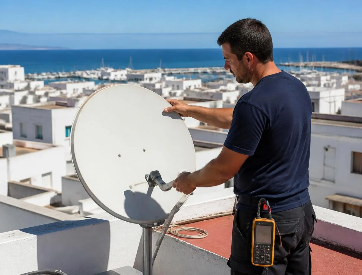 Antenista orientando una antena en una azotea de un municipio costero del Maresme
