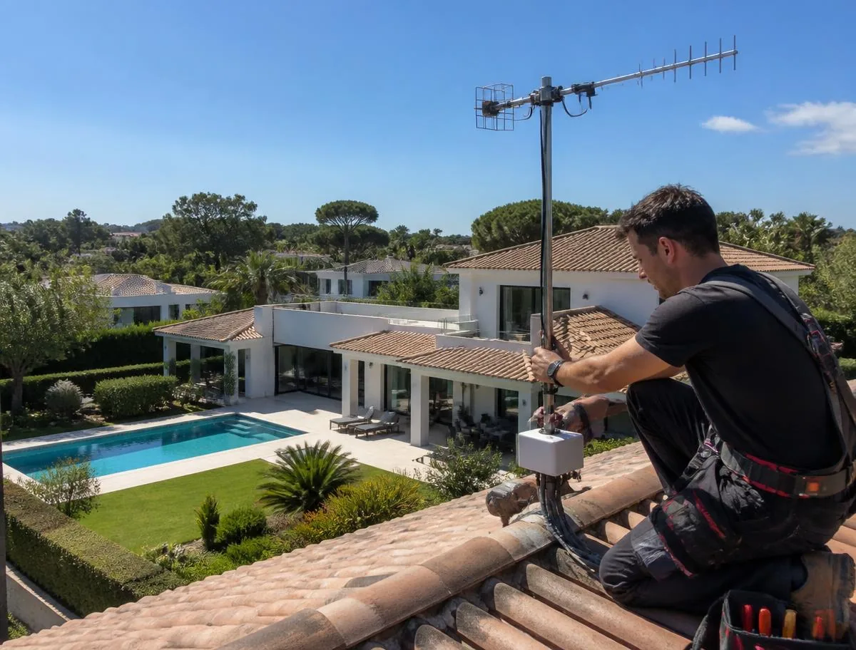 Técnico instalando una antena en el tejado de una vivienda unifamiliar de Sant Cugat del Vallès