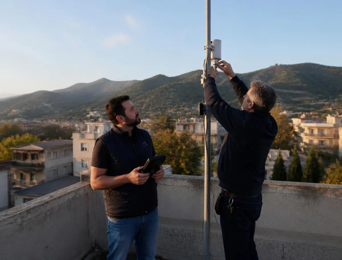 Dos técnicos midiendo señal en el mástil de una comunidad de Sant Feliu de Llobregat