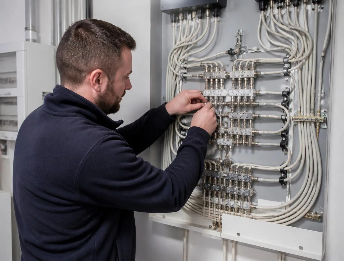 Técnico cableando el cuadro de distribución de televisión de una comunidad del Baix Llobregat